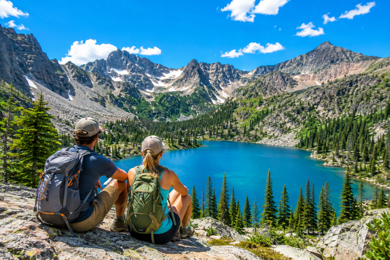 Two hikers overlooking a Colorado mountain lake in summer
